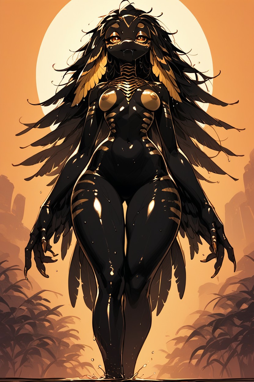 Cuerpo Completo, Female Avali, Long Messy Black Hair Furry IA