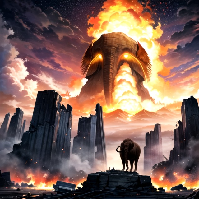 Mammoth Appearing From Huge Nuclear Explosion, Modern City, View From Distance Hentai AI Porn