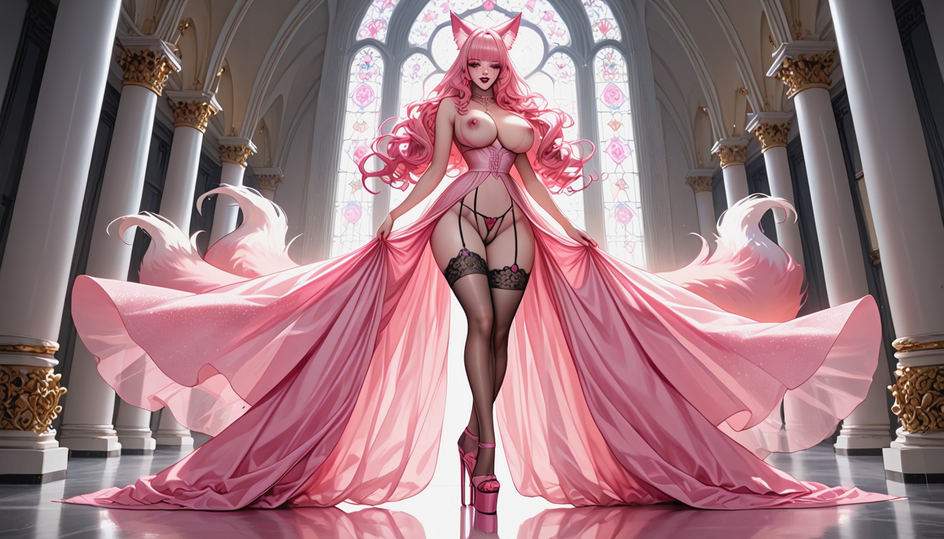 Platform High Heels Pale Pink Platform High Heels Boots ", Rounded Breasts, Wasp Waist AI Porn