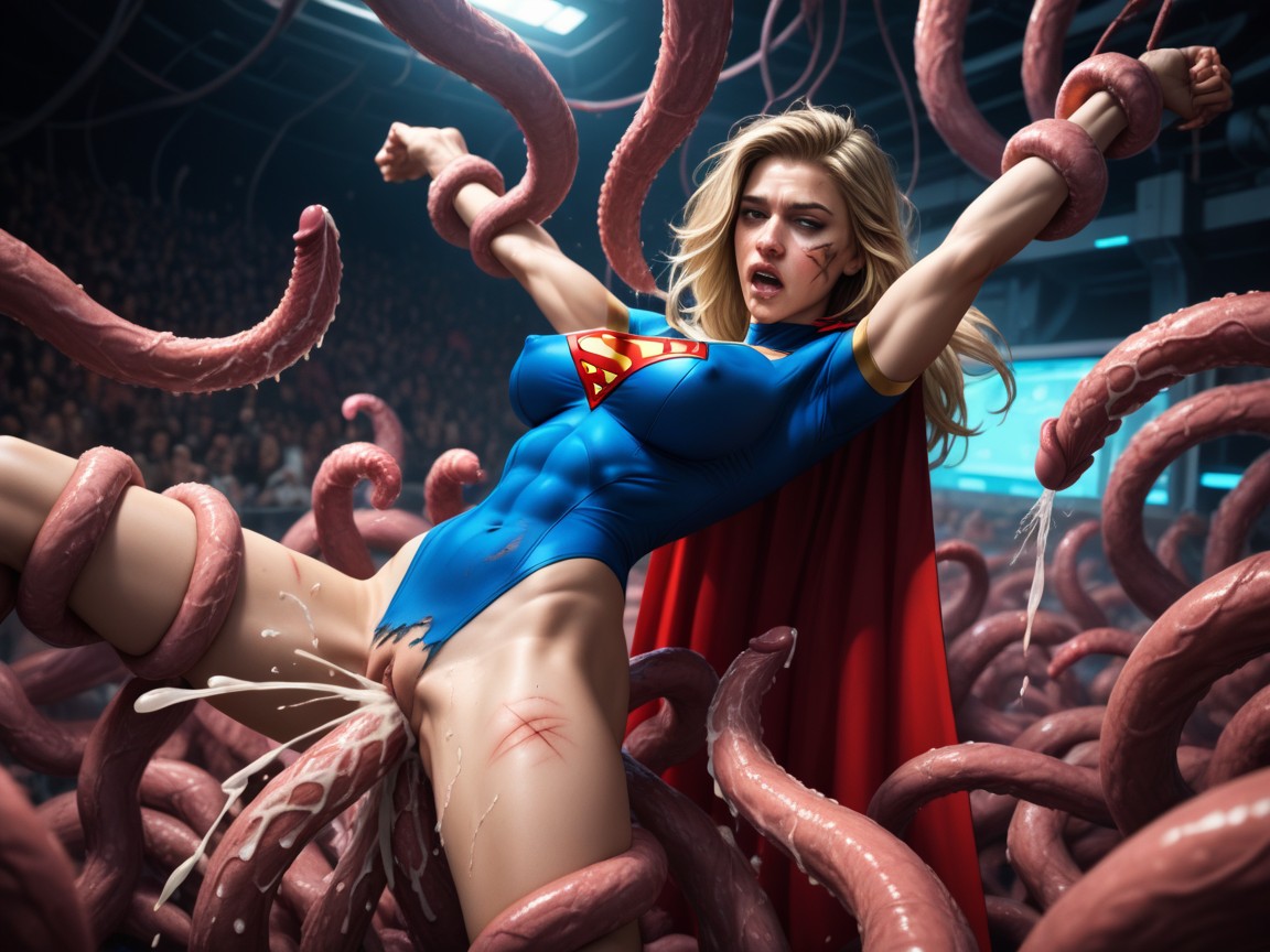 Defeated Superheroine, Arms Restrained, Excessive Cum AI Porn