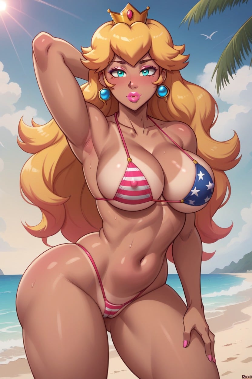 Dark Tanned Body, Round Butt, Large Waves In The Background Hentai AI Porn