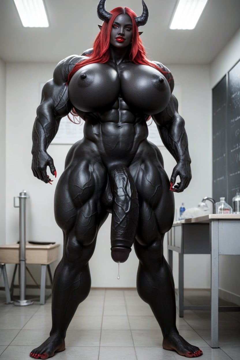 Impossibly Gigantic Black Cock, Perfect Tits, Full Body View Shemale AI Porn