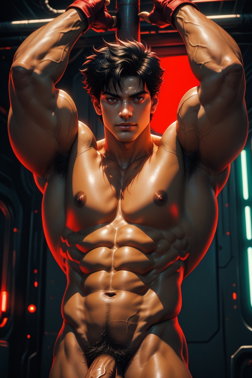 Red Lighting Behind, Industrial, Latino Hunk 게이 AI 포르노