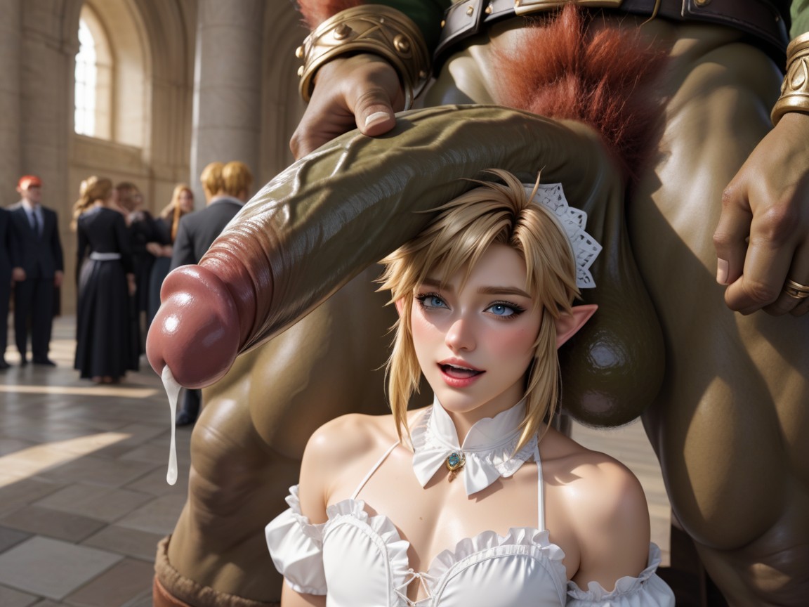 Link Sitting On Ganondorfs Hypercock, People Gathering Around, Front View Hentai AI Porn