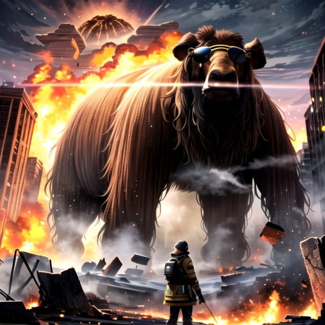 Mammoth Emerging From Huge Nuclear Explosion, Mammoth Wearing Black Glasses, Fire Hentai AI Porn