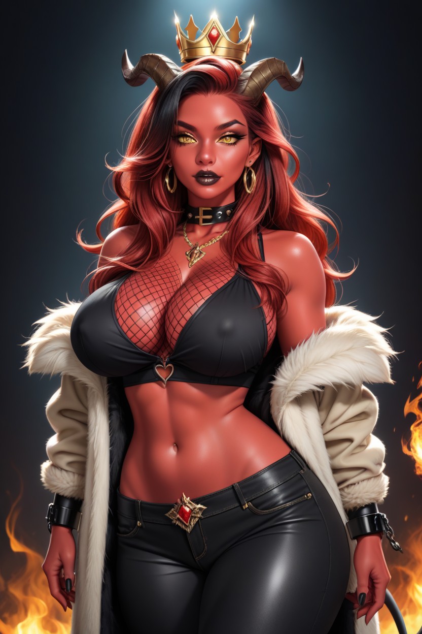 Red Hair Highlights, Large Breasts, Chained Neck Hentai AI Porn