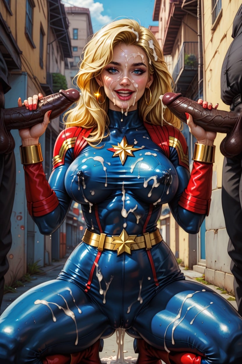 Blonde Hair, Thigh High Boots Red With Gold Accents, Cum On Hair AI Porn