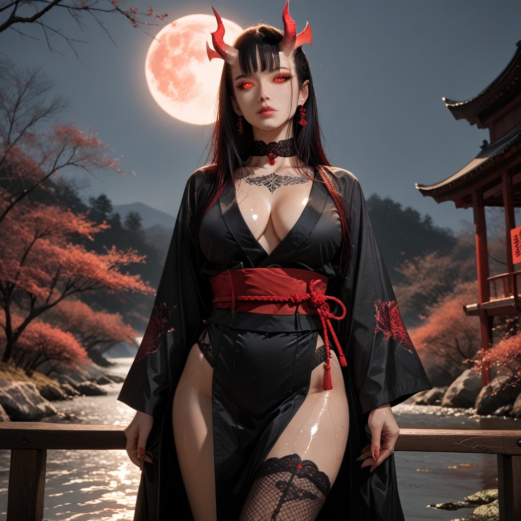 Black Kimono Cloak, Red Eyes, 18+ Hentai AI Porn