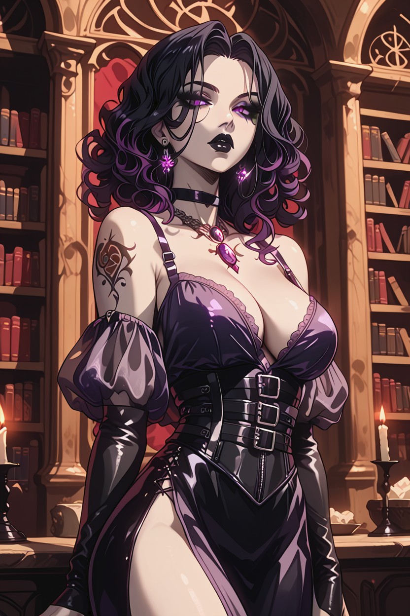 Vampire Woman, Corset With Sculpted Shadows In Blackened Steel, Violet Eyes Hentai AI Porn