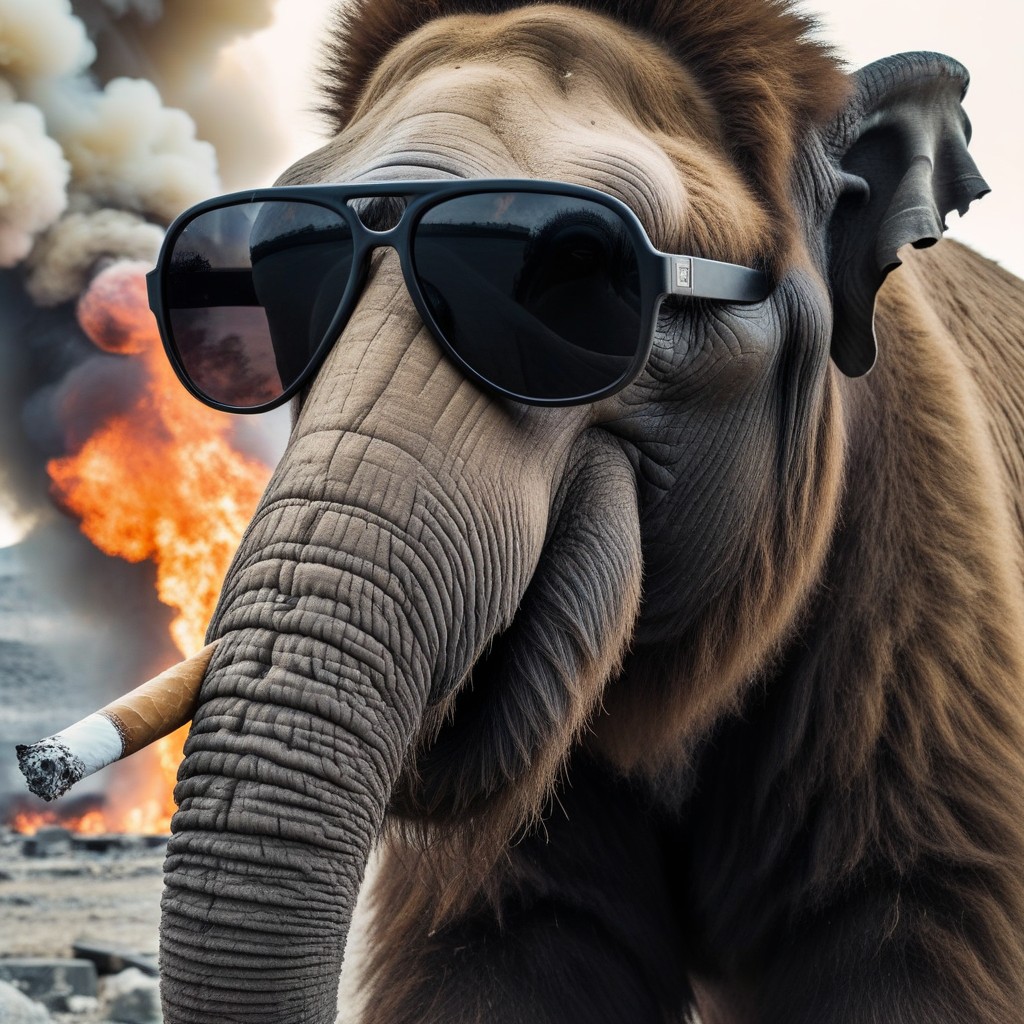 Fog, Mammoth With Sunglasses, Long Tusks Upward Curved AI Porn