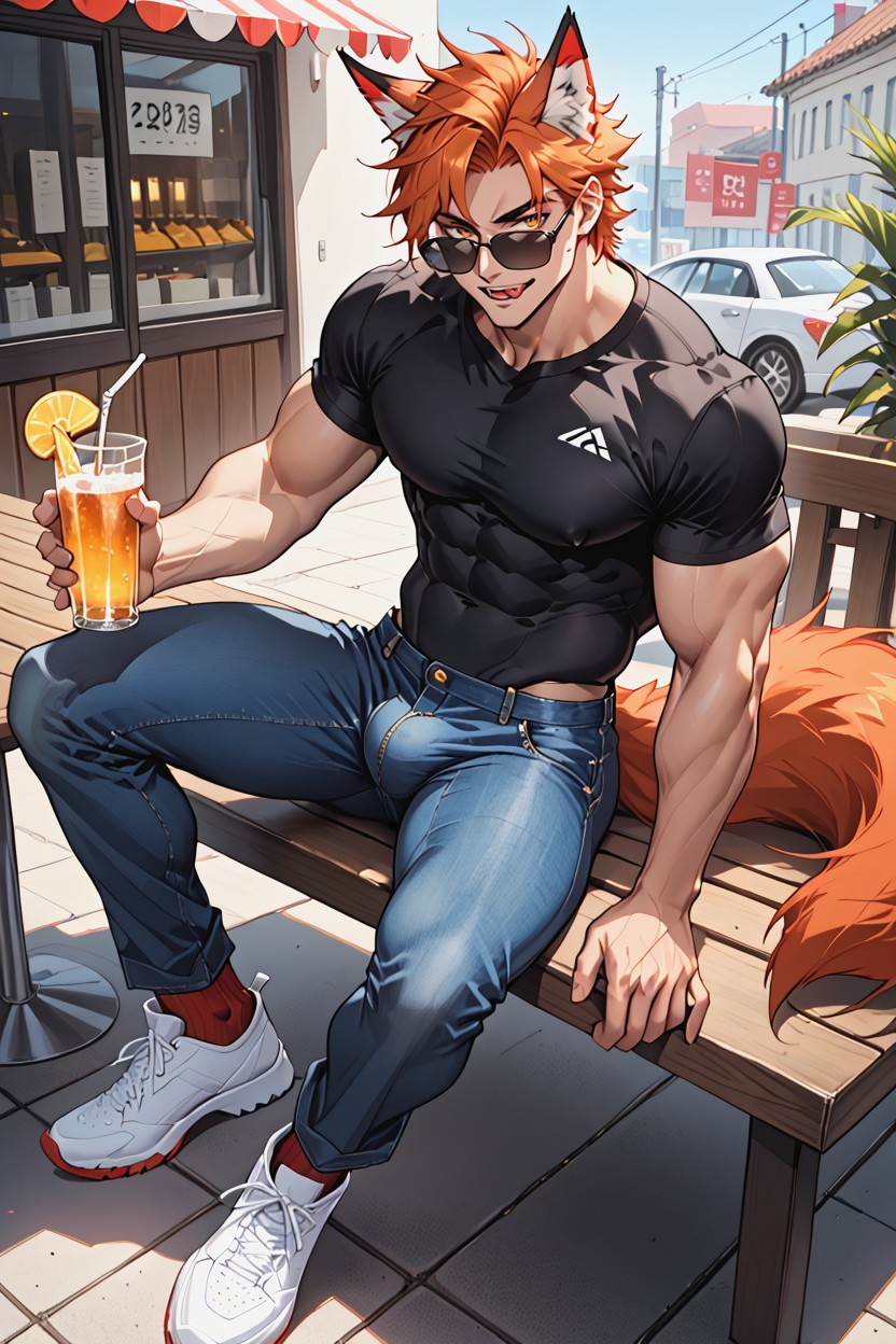 He Is Spreading His Legs, He Is Sitting, Red Fox Tail Porno IA Gay