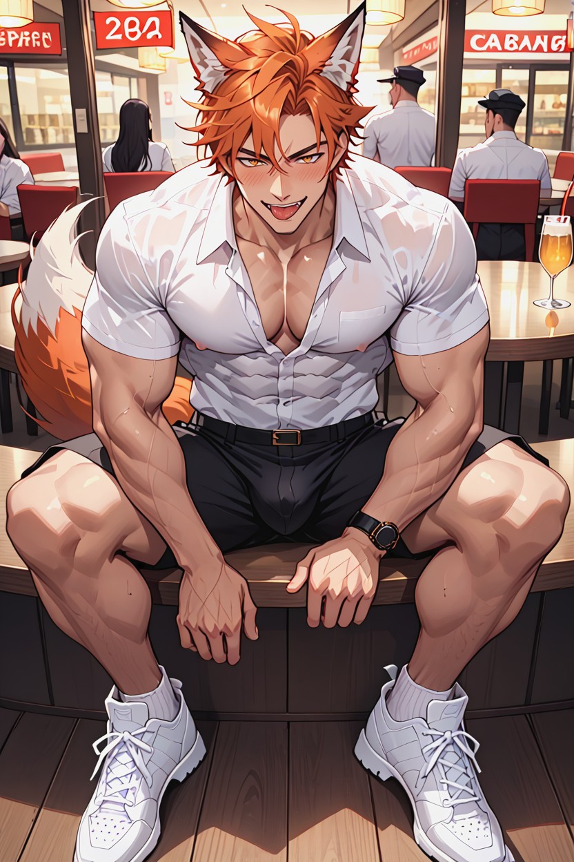 餐管, Restaurant Table At His Side, Drinking Juice On A Glass With Ice AI同性戀黃片