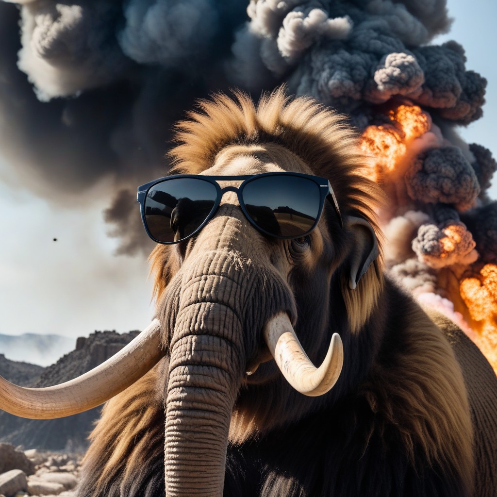 Smoke Coming Out From Cigarette, Huge Explosions Around, Mammoth Wearing Black Sunglasses AI Porn