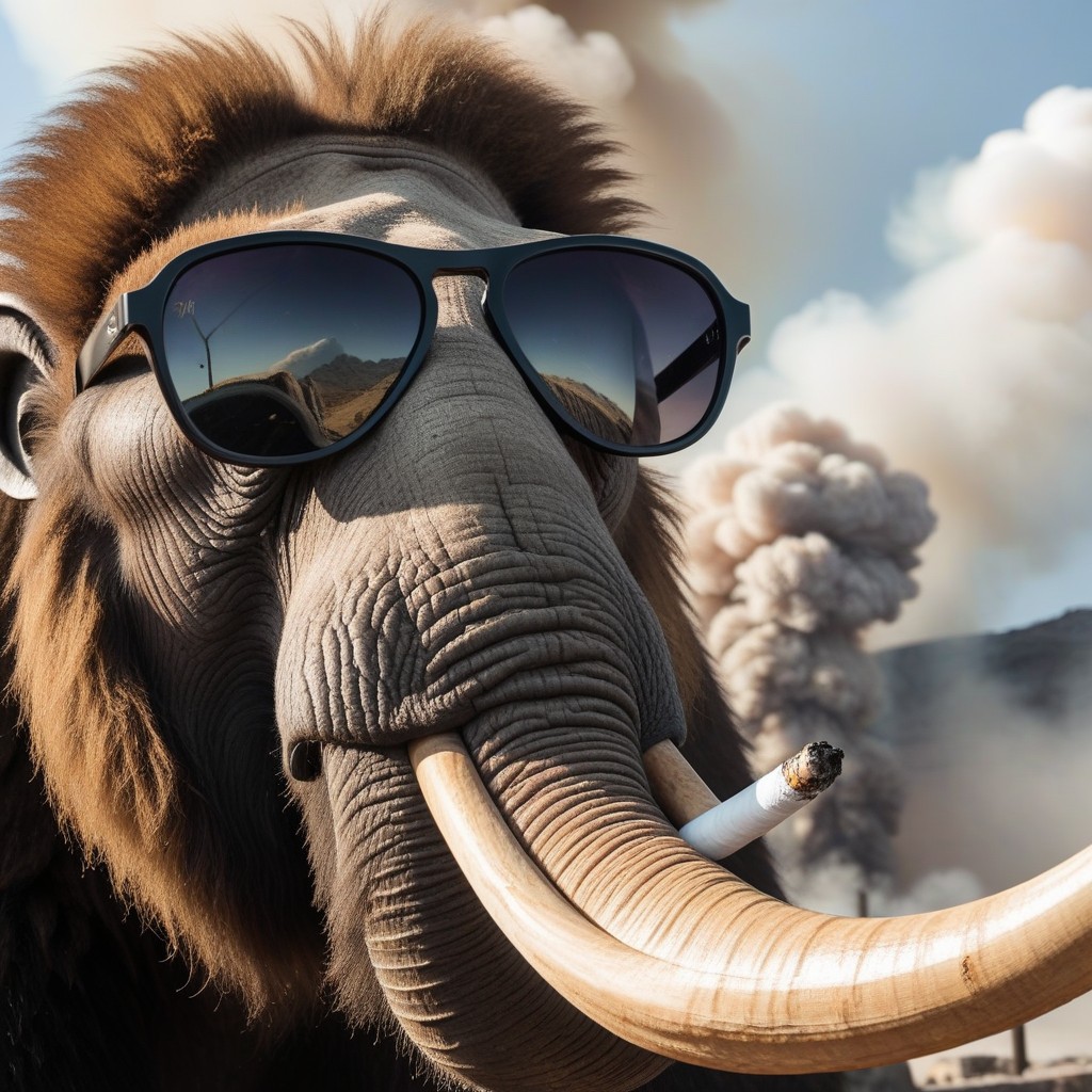 Explosions On Mammoth, Long Tusks Upward Curved, Mammoth Wearing Black Glasses AI Porn