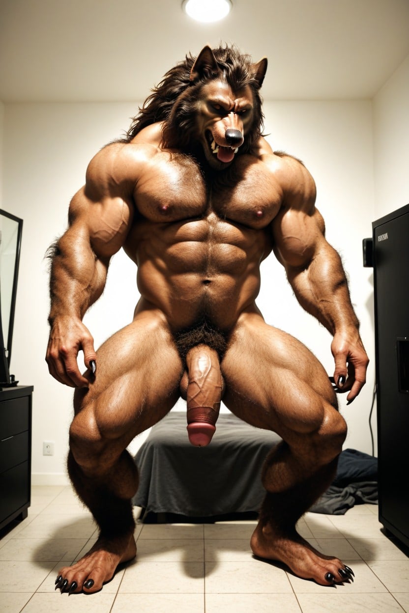 Body Of Werewolf Looks Like A Monstrous Beast, Big Hairy Nutsack, Muscular Werewolf AI同性恋黄片