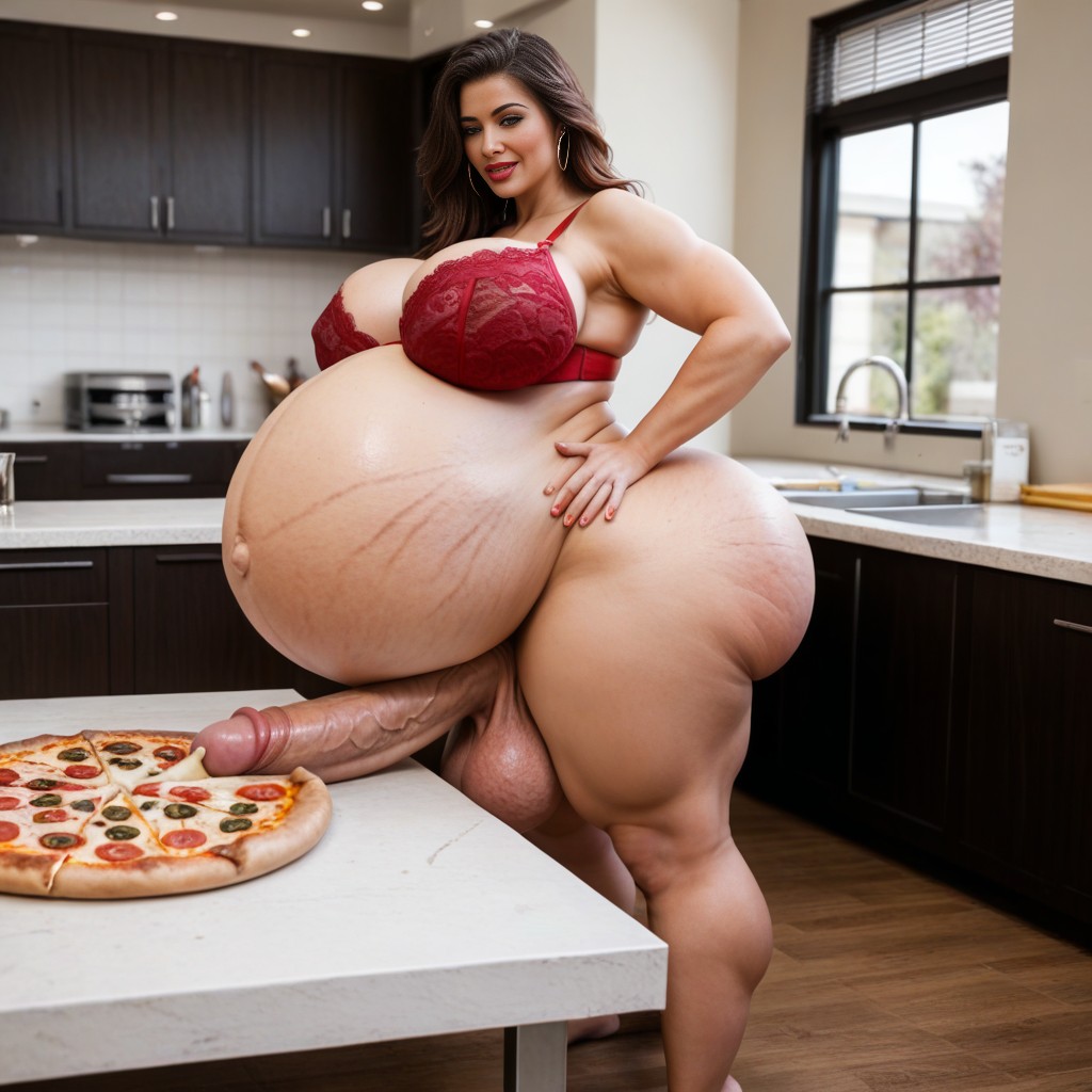 Big Breasts, Voluptuous, Ravenously Eating Pizza AI Porn