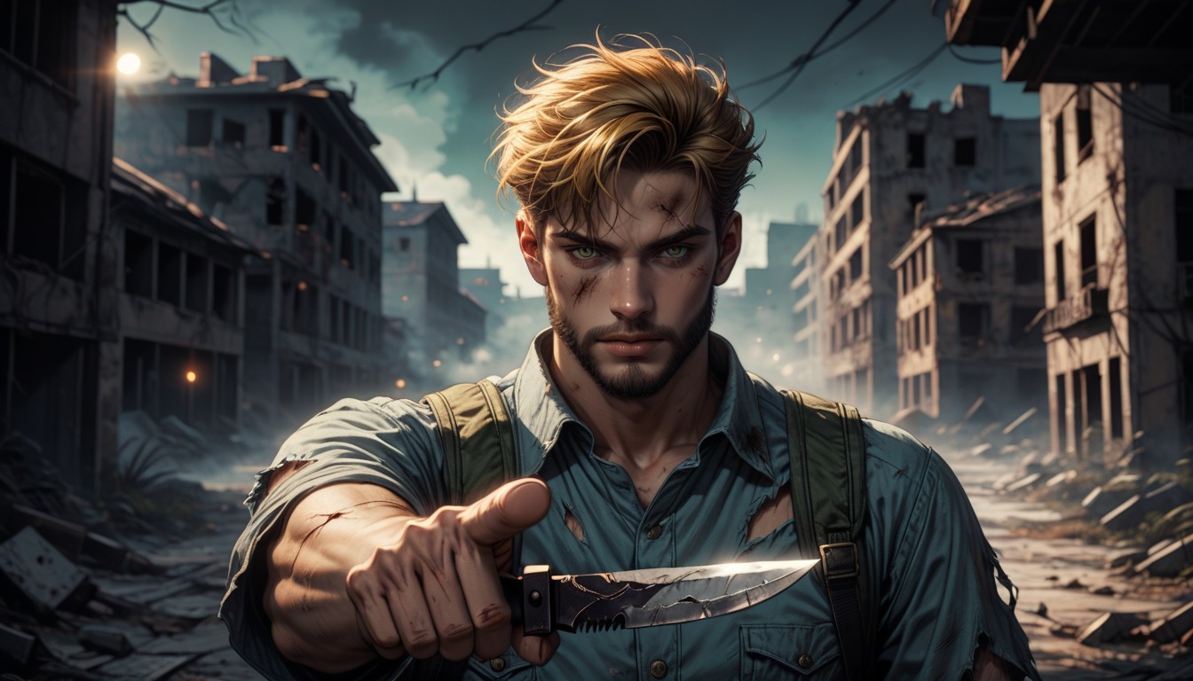 Portrait Lens Effect, Male Pointing Knife At Viewer, Untidy Beard Hentai AI Porn