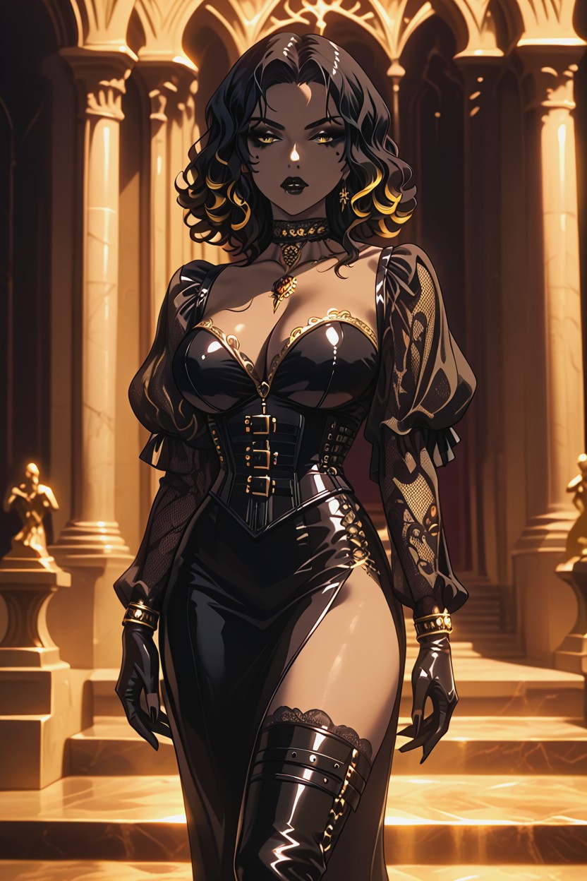 Long Wavy Black Hair With Yellow Highlights, Yellow Eyes, Black Lips Hentai AI Porn