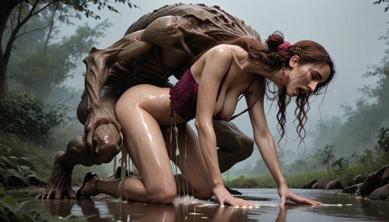 Cum On Ground, Heavy Rain, Side View AI Porn