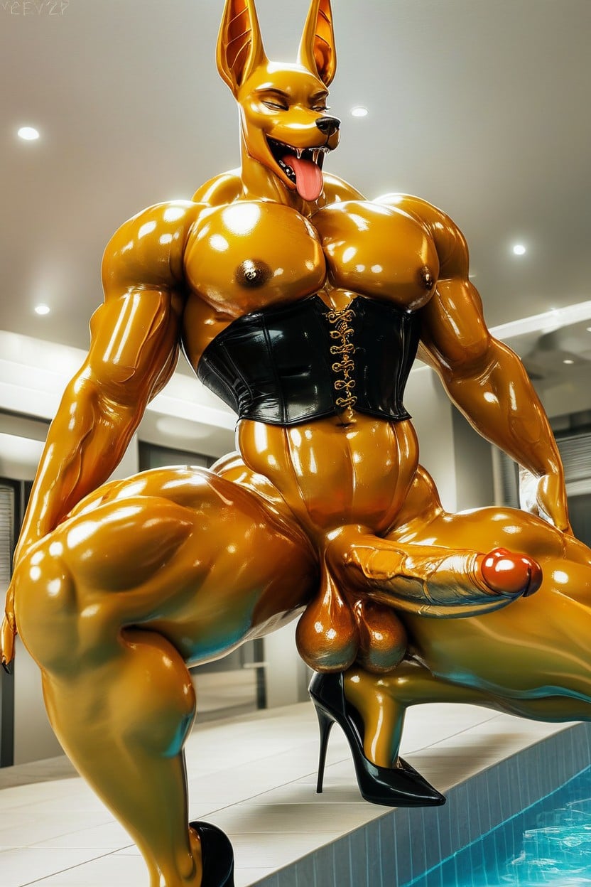 Shiny Gold Goo, Gold Corset, Oiled Skin Furry AI Porn
