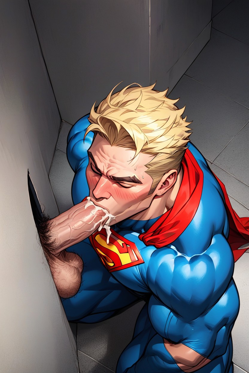 Cocks Poking Out Of The Holes On The Wall, Clean Shaven Face, Blue Hero Suit Porno IA Gay