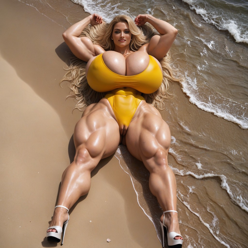 Giant Woman Laying Across Entire Shoreline, Toned Body, Hyper Long Hair AI Porn