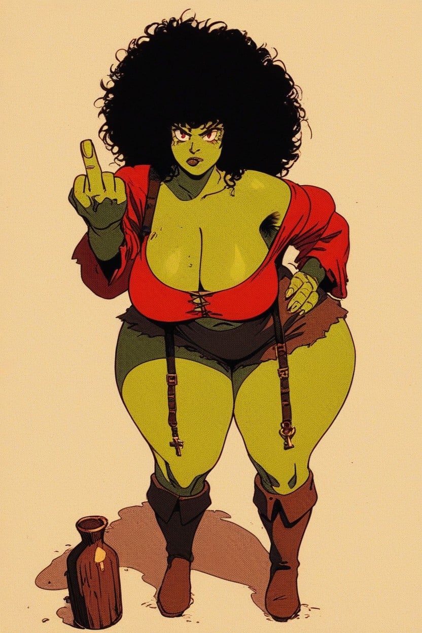 Simple Background, Navel Exposed, Middle Finger Raised At View BBW AI Porn