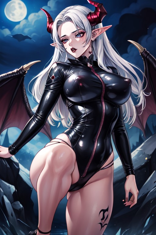 White Hair, Leather Bodysuit, Standing AI Porn