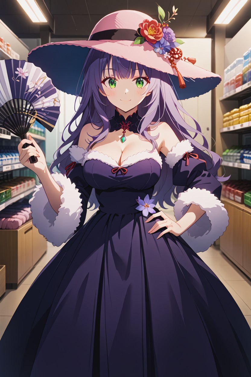 Purple Hair, One Person, Puffy Violet Dress AI Porn