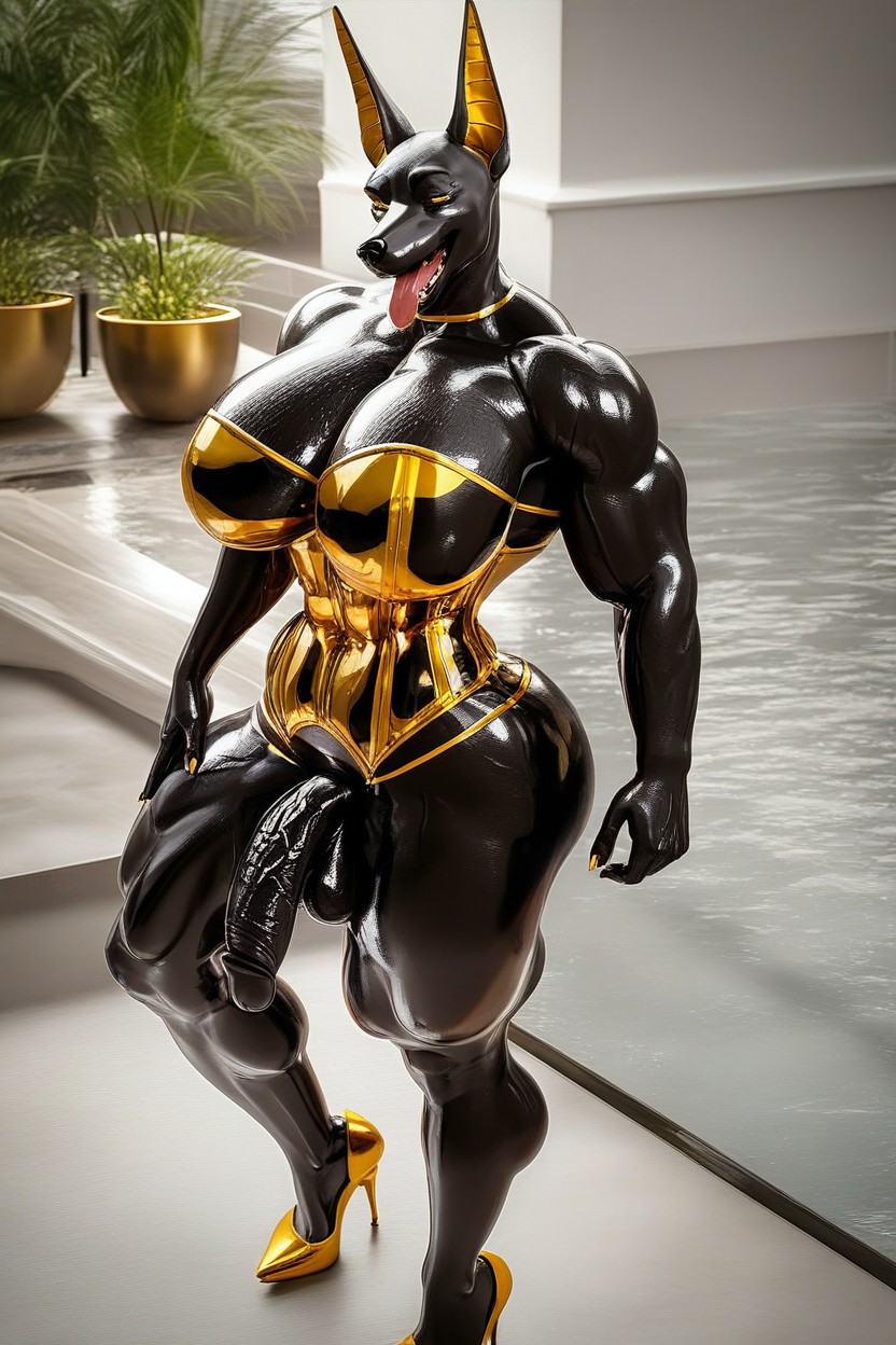 Muscular, Gold Corset, Gold Latex Pornografia peluda com IA