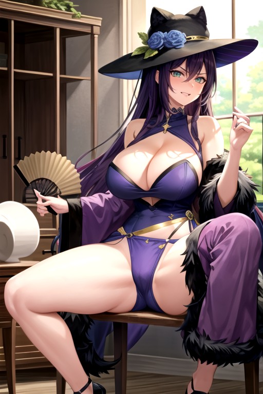 Detached Sleeves, Left Hand On Hip, Violete Hat AI Porn