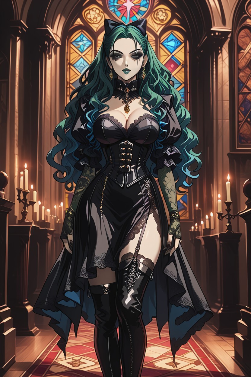 Layered Bell Sleeves, 18+, Deep Emerald And Black Tones Hentai AI Porn
