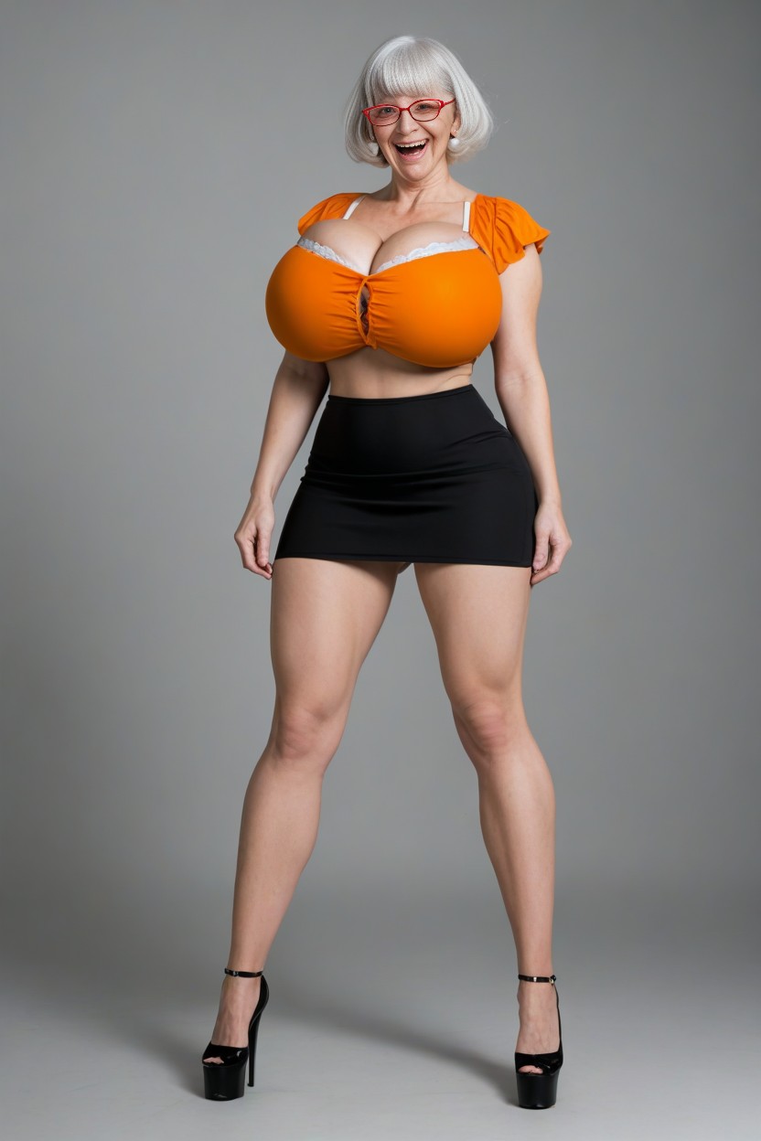 Huge Giant Tits, White Platform Heels, Front View AI Porn