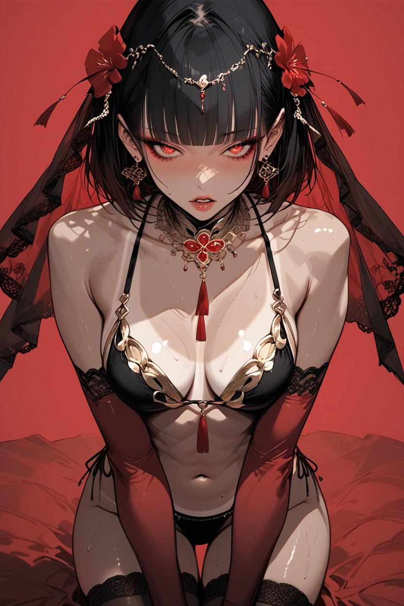 Sweating, Looking At Viewer, Detailed Bedroom Hentai AI Porn