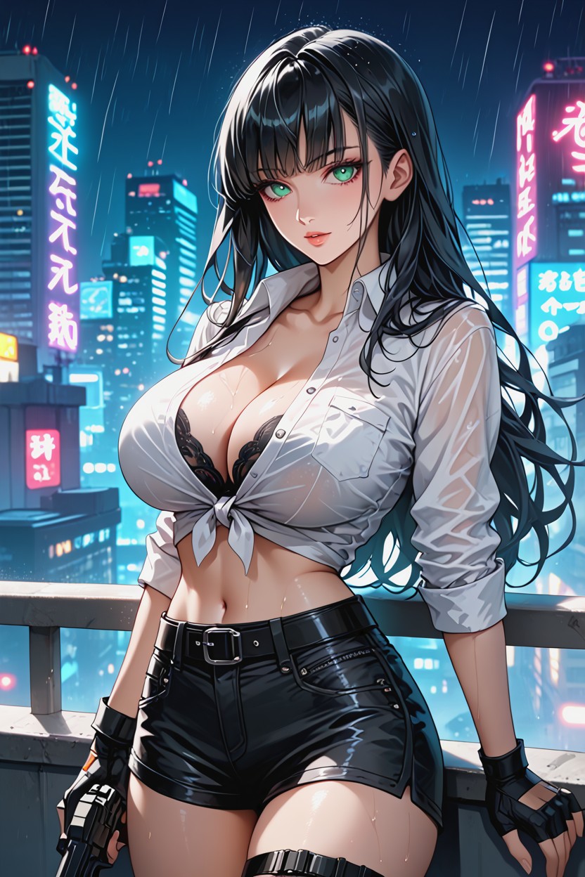 Belly Exposure, Revealing A Black Bra Underneath, Massive Breast Hentai AI Porn