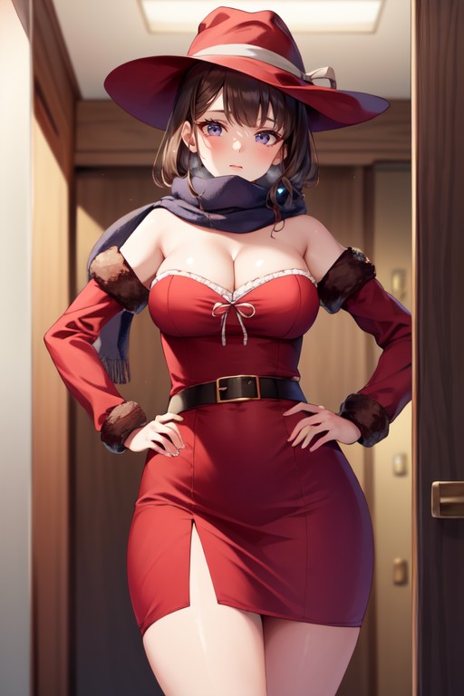 Cowboy Shot, Purple Scarf Around The Neck, Medium Size Breasts AI Porn