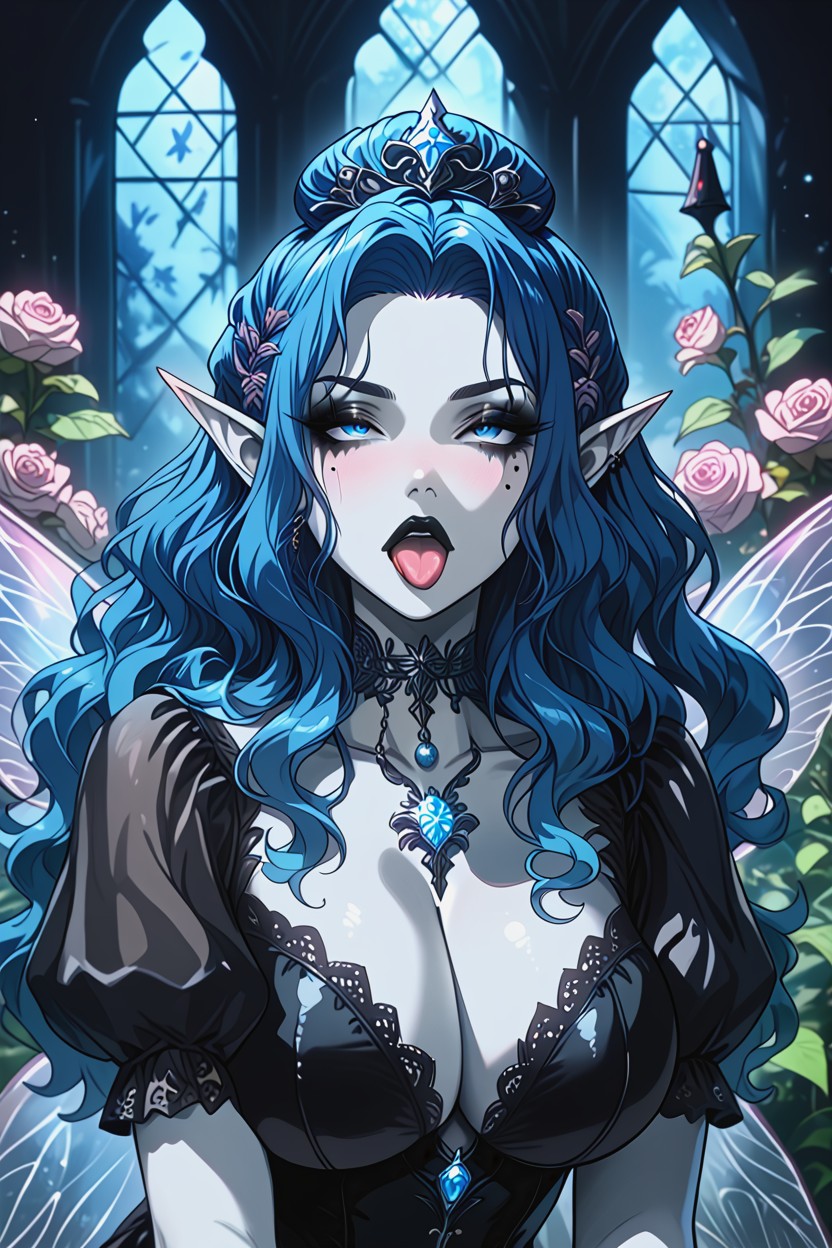 Long Wavy Blue Hair, Dark Makeup, Elf Ears Hentai AI Porn