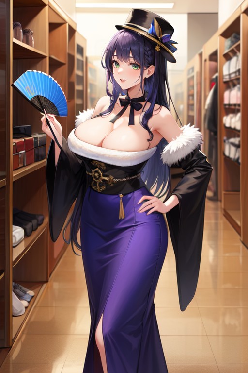 Green Eyes, Holding A Fan, Detached Sleeves AI Porn