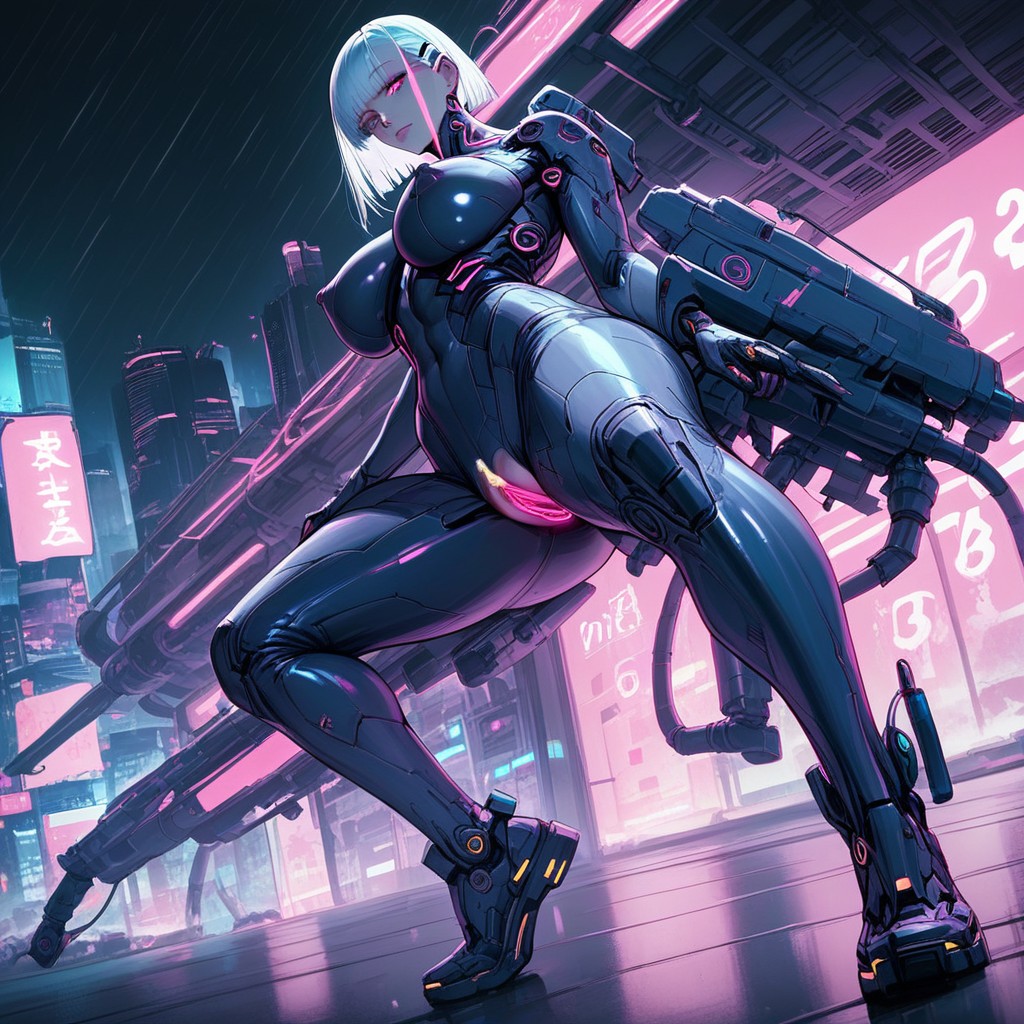 Long White-silver Hair With Pink Tips, Glowing Neon Lights, Nude Hentai AI Porn
