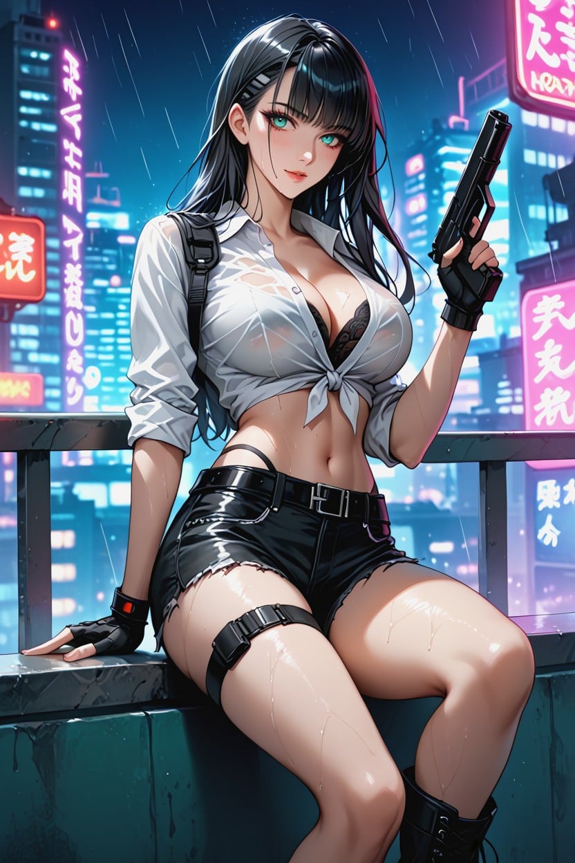 Bodycon Shirt, Thigh Straps, Revealing A Black Bra Underneath Hentai AI Porn