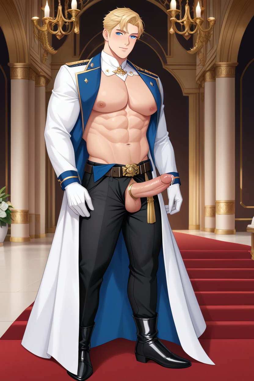White Royal Gloves, Extremely Erect Penis, Fully Clothed AI Gay Porn