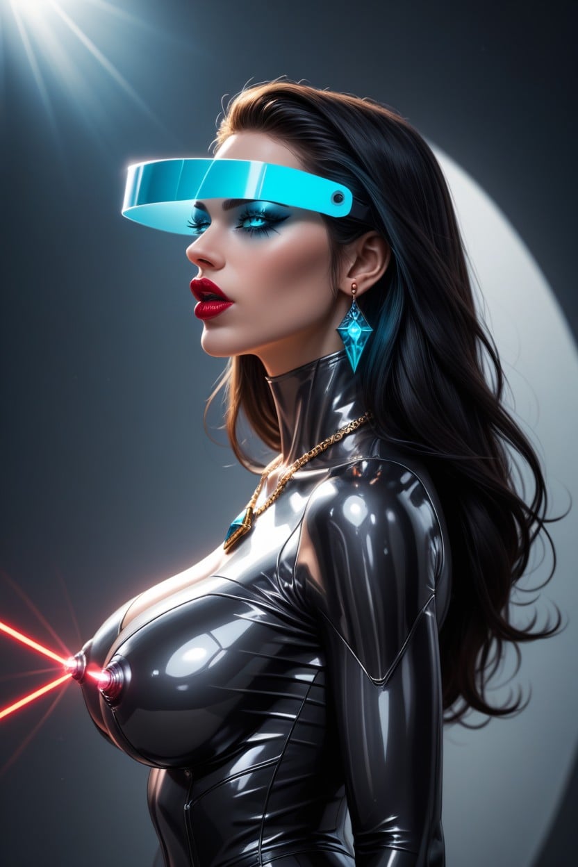 Clear Visor, Close Up, Mirrorlike Shiny Latex Catsuit Shemale AI Porn