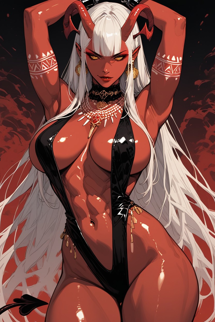 Red Skin Devil, Arms Above Head, Tribal Tattoos Hentai AI Porn