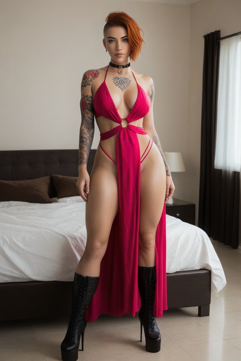 Bedroom, Long Pink Dress, Floral Tattoos AI Porn