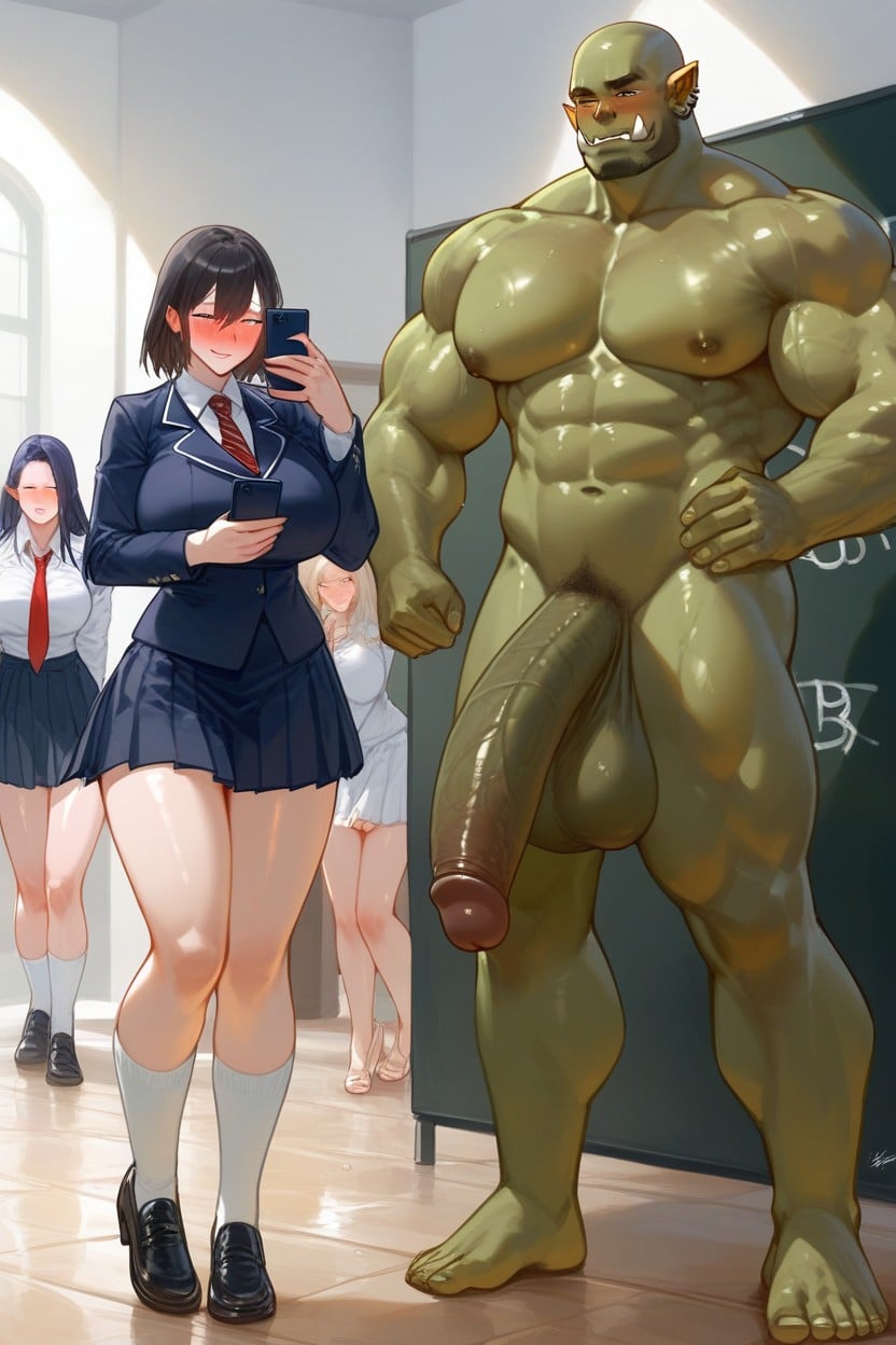 Green Skin, Hyper Girthy Penis, Women Smiling At Size Of Cock Hentai AI Porn