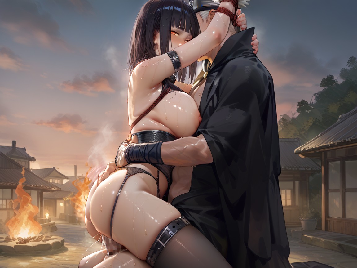 Male Female, Naruto Hugging Hinata From Behind, Japanese Village In Background Completely On Fire Hentai AI Porn