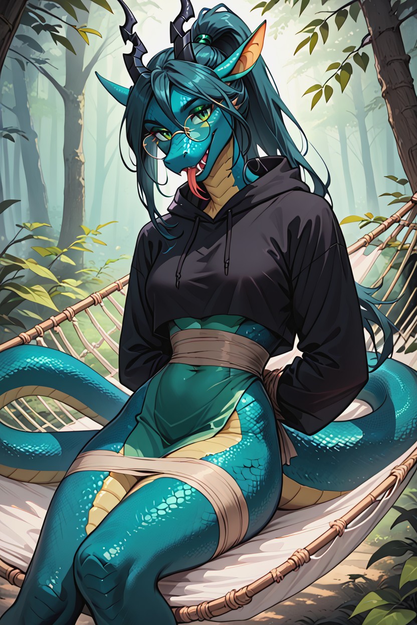 Dragon Face, Belly Dancer Dress, Detailed Green Scales On Body Furry AI Porn