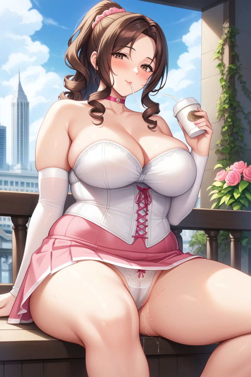 High Ponytail, Pink An White Corset, Face Detail Hentai AI Porn