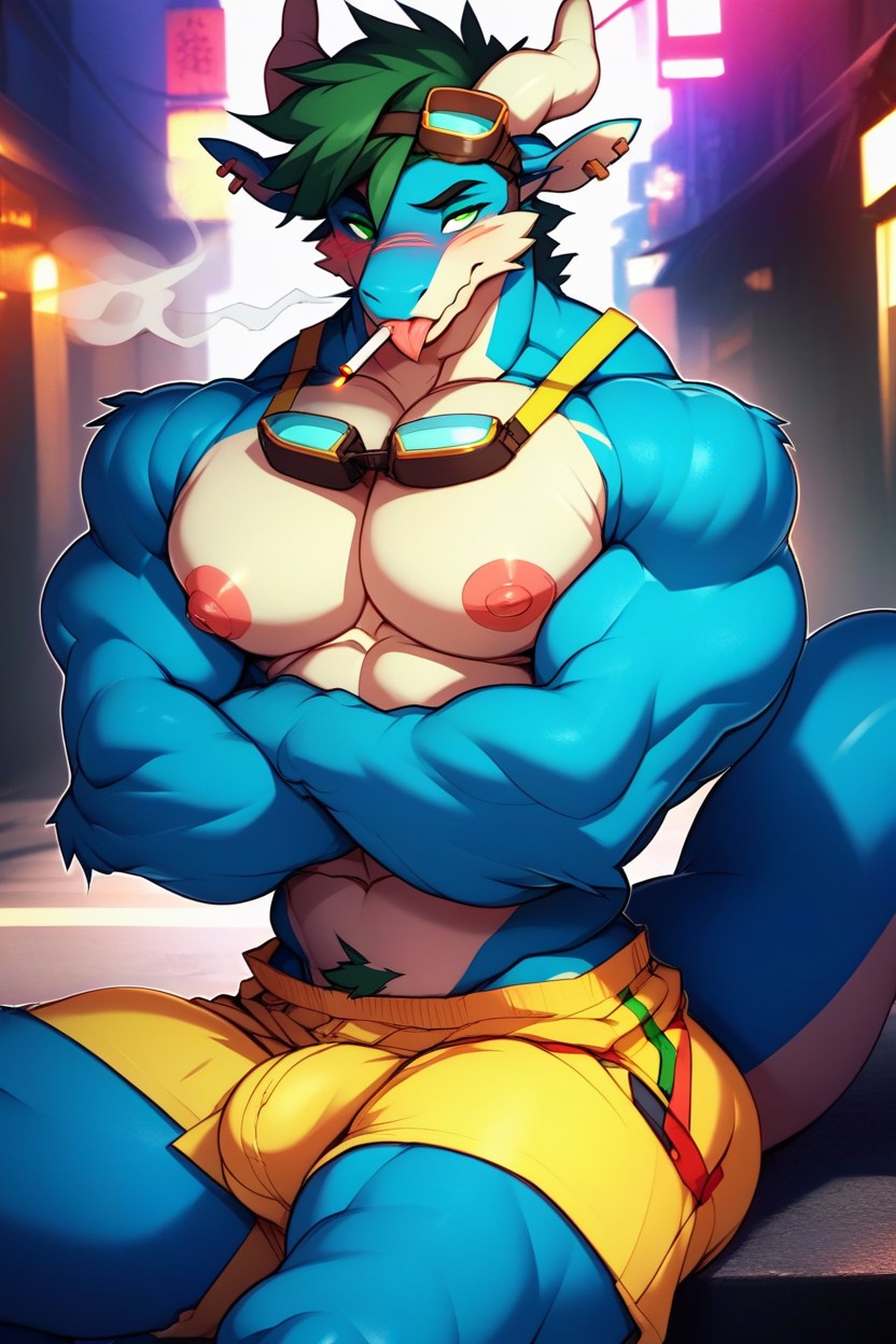 Sitting, Messy Hai, Huge Pecs Furry AI Porn