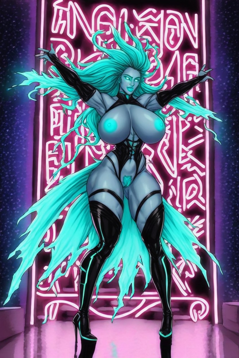 Floating In The Air With Neon Aqua Energy Swirling Around Body, Glowing Neon Aqua Labia, Hyper Detailed Face AI Porn